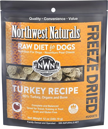 Northwest Naturals Freeze-Dried Turkey Dog Food - Bite-Sized Nuggets - Grain-Free, High-Protein, Raw Diet, Human-Grade, Limited Ingredients, All Natural, Healthy & Nutritious, Made in USA, 12 Oz
