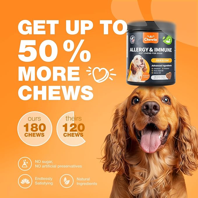 Dog Allergy Relief Chews - Itch Relief for Dogs - Allergy Chews for Itching Skin with Hemp Seed Oil, Turmeric, Quercetin - Immune Health Support Treats - Hot Spots - Skin and Coat Health