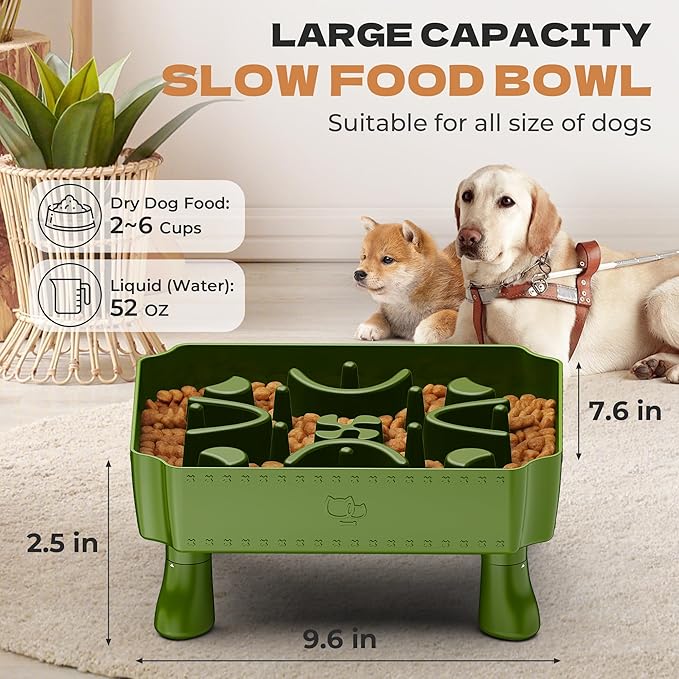 UPSKY Slow Feeder Dog Bowl, 2-in-1 Raised Dog Bowl with Anti-Choking Maze Puzzle, 2-6 Cups Pet Food for Small & Medium Breeds, Interactive Pet Feeder to Slow Eating, Reduce Boredom Deep Green