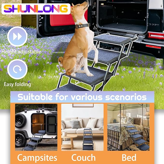 Extra Wide Dog Ramp for Car Truck and SUV Dog Stairs for Large Dogs Folding Pet Stairs with Non-Slip Rug Surface Supports Up to 280 lbs (Wide 5 Steps)