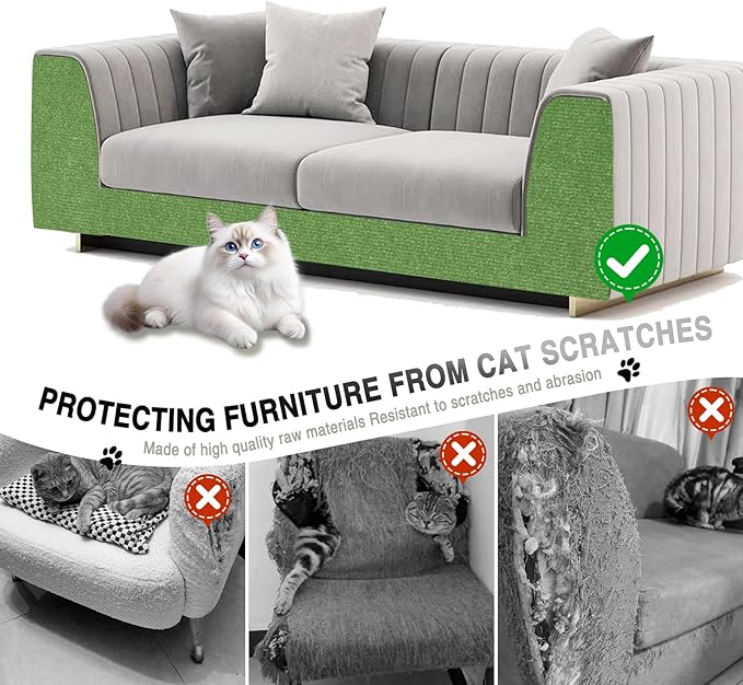 2Pack Total 78.7"x15.8" Cat Scratch Mat for Cat Couch Furniture and Wall Protector | Trimmable Self-Adhesive Carpet Climb Cat Scratcher for Covering Cat Tower and Replacement Pads (Green)