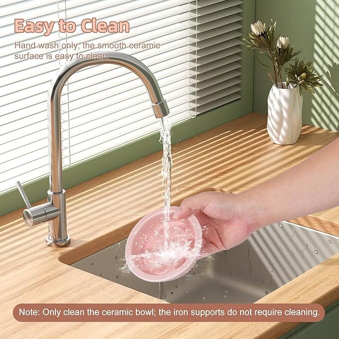 Slow Feeder Cat Bowl, Ceramic Cat Slow Feeder Bowl, Elevated Dog Food Bowl with Metal Stand, Raised Pet Slow Bowls for Dry and Wet Food, 6 Inches, Pink