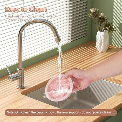 Slow Feeder Cat Bowl, Ceramic Cat Slow Feeder Bowl, Elevated Dog Food Bowl with Metal Stand, Raised Pet Slow Bowls for Dry and Wet Food, 6 Inches, Pink