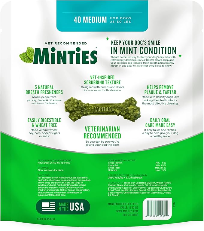 Minties Dental Chews for Dogs, 40 Count, Vet-Recommended Mint-Flavored Dental Dog Treats for Medium Dogs, Bones Clean Teeth, Fight Bad Breath, and Removes Plaque and Tartar