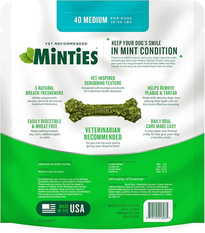 Minties Dental Chews for Dogs, 40 Count, Vet-Recommended Mint-Flavored Dental Dog Treats for Medium Dogs, Bones Clean Teeth, Fight Bad Breath, and Removes Plaque and Tartar