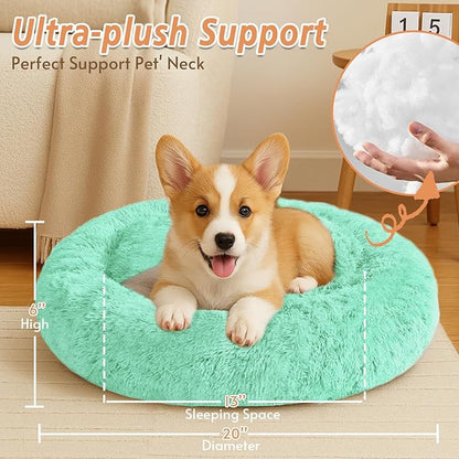 JOLLYVOGUE Small Dog & Cat Beds for Indoor Cats, Donut Cuddler Warming Soft Dog Beds with Anti-Slip Bottom, Round Calming Fluffy Plush Faux Fur Cushion Bed for Small Dogs (20", Mint Green)