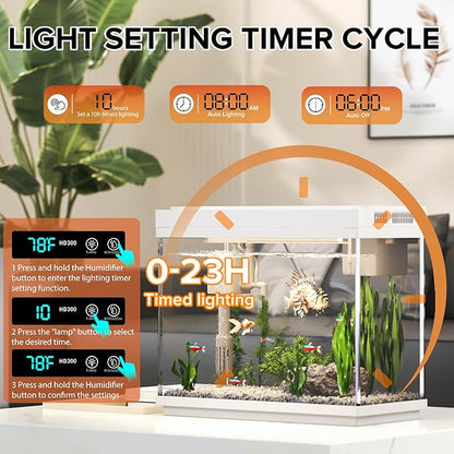 Vehipa Fish Tank 2.4 Gallon Aquarium Kit with Humidifier 7-Color Auto-Looping 3 in 1 Quiet Pump with Filteration & Oxygenation & Circulation, Temperature Display, HD Glass
