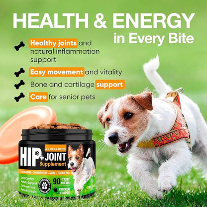 Glucosamine & Chondroitin for Dogs – Hip and Joint Supplement Chews with MSM, Vitamin C, Turmeric, Omega-3 for All Breeds – Pain & Mobility Support – 2-Month Supply – Chicken Flavor