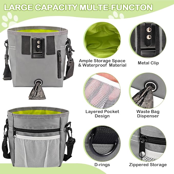 JIURUN Dog Treat Pouch for Pet Training - Dog Treat Bag (Grey) - Dog Training Kit, Dog Clicker for Training, Silicone Treat Bag, 2-in-1 Whistle Clicker, Collapsible Dog Bowl, 2 Dog Poop Bag