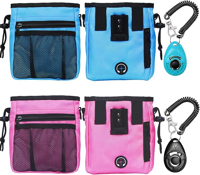 STMK Dog Treat Pouch Dog Clicker Training Kit, Dog Training Treat Pouch Dog Clicker for Training, 3 Ways to Wear Easily Carries Treat Pouches for Pet Training (Blue and Pink)