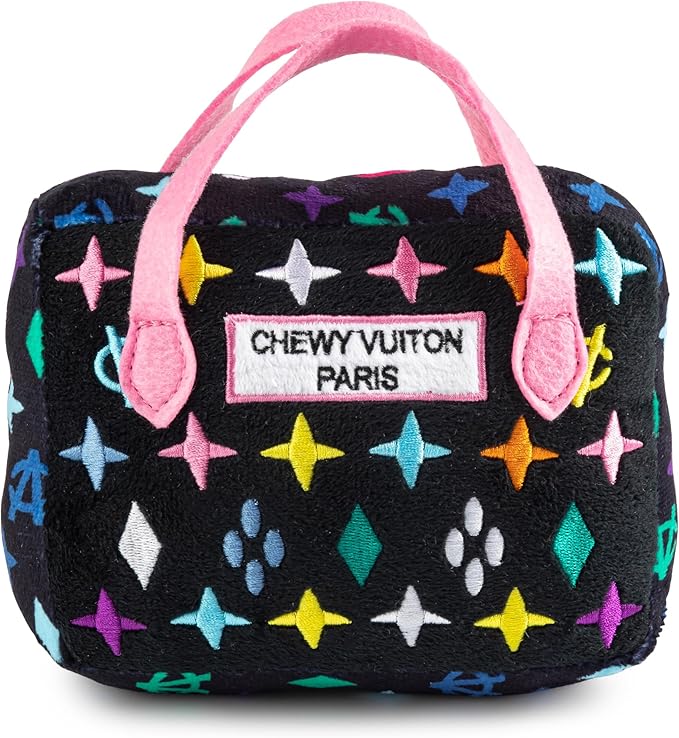 Haute Diggity Dog Black Monogram Chewy Vuiton Handbag, Plush Designer Dog Toys with Interactive Squeaker, Stimulating Pet Enrichment, Machine-Washable & Safe Materials for All Breeds, Size Large