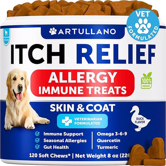 Dog Allergy Relief Chews - Itching Skin Relief for Dogs - Fish Oil - Omega 3 - Seasonal Allergies Pills - Skin & Coat, Anti Itch,Hot Spots Treatment - Canine Immune Health Supplement - 120 Soft Treats