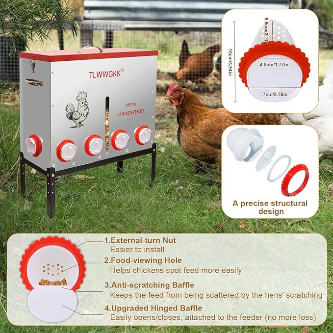 85 lbs Large Automatic Chicken Feeder - 10-Port No-Waste Dispenser with Visual Window & Height-Adjustable Legs - Rodent/Goat Proof, All-Weather Heavy-Duty Galvanized Metal Design for Outdoor Poultry