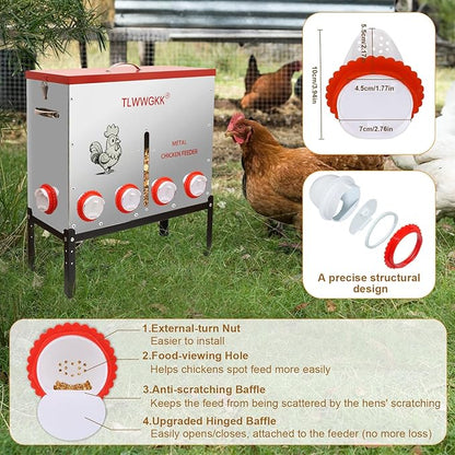 85 lbs Large Automatic Chicken Feeder - 10-Port No-Waste Dispenser with Visual Window & Height-Adjustable Legs - Rodent/Goat Proof, All-Weather Heavy-Duty Galvanized Metal Design for Outdoor Poultry