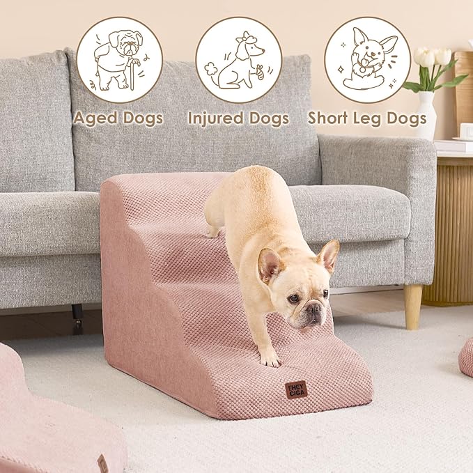 EHEYCIGA Curved Dog Stairs Ramp for High Beds 19.7" H, 4-Step Dog Steps for Small Dogs and Cats, Pet Stairs for High Bed Climbing, Non-Slip Balanced Pet Step Indoor, Dusty Pink