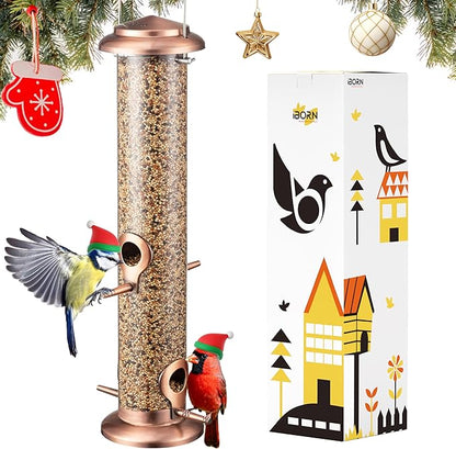 iBorn Metal Bird Feeders Metal Bird Feeder Copper for Outdoors Hanging All Copper Finishing 15 Inch 4Port(Seed is not Included)
