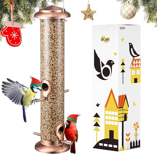 iBorn Metal Bird Feeders Metal Bird Feeder Copper for Outdoors Hanging All Copper Finishing 15 Inch 4Port(Seed is not Included)
