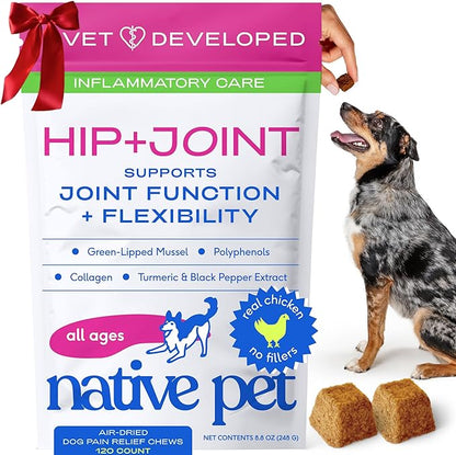 Native Pet Pain Relief for Dogs - Collagen for Dogs Promotes Joint Health, Reduce Inflammation & Stiffness - Senior Pup Joint Supplement - Natural Pain Reliever for Active & Aging Pets - 120 Chews