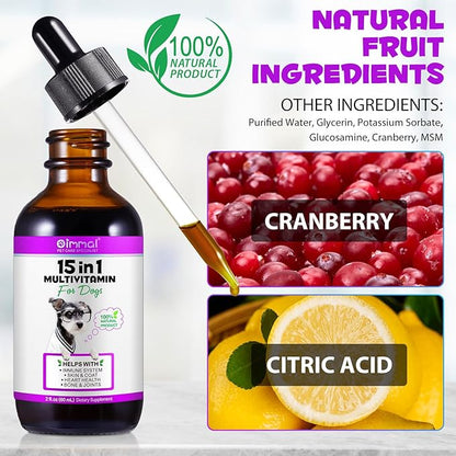 Dog Multivitamin, 15 in 1 Dog Multivitamin Liquid Drops Supplements for Skin & Coat, Heart Health, Bones and Joint, Dogs Vitamins with Glucosamine and MSM, Immune System Support -60ml