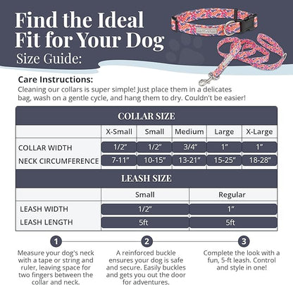 Lucky Love Dog - Easy Click Buckle Dog Collar with Leash Set Combo, Durable & Comfortable for Male & Female Dogs, Pet Collar for Small to Large Dogs, Secure Fit - Floral Rosie Combo, Small