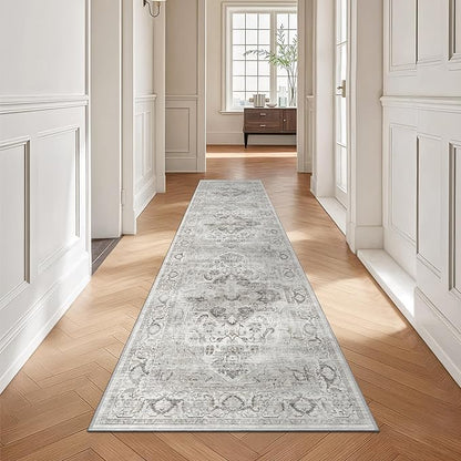 2x8 Washable Hallway Runner Rug - Kitchen Rugs with Non Slip Backing Vintage Soft Farmhouse Entryway Mat for Living Room Laundry Bedroom Bathroom Ivory/Gray