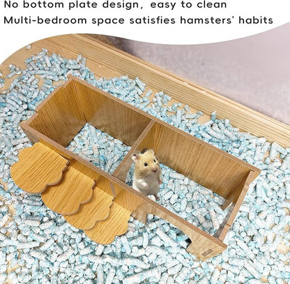 Hamiledyi Hamster Hideout with Ladder Dwarf Hamster Wooden Maze Tunnel Platform Multi Chamber Exploring Toy Habitat Decor for Gerbil Syrian Mouse Brown