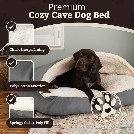 Snoozer Rectangle Cozy Cave Dog Bed - Indoor Dog Bed with Cover Cave, Covered Calming Burrow for Medium & Large Sized Pets with Blanket Attached, Enclosed, Washable Cover - Large, Heather Gray