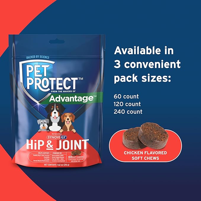 Pet Protect Dog Hip & Joint Supplement for Occasional Joint Stiffness, Vet-Formulated Synovi G3, Dog Glucosamine, Chicken-Flavored Soft Chews (60 Count)