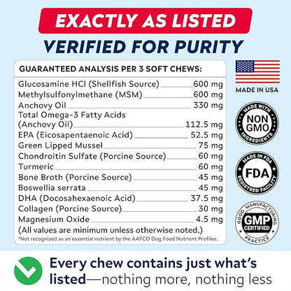 Advanced Glucosamine Hip & Joint Supplement for Senior Dogs - Green Lipped Mussel & Collagen - Hip & Joint Pain Relief - Large & Small Breed - Joint Health - Bacon - 120 Chews