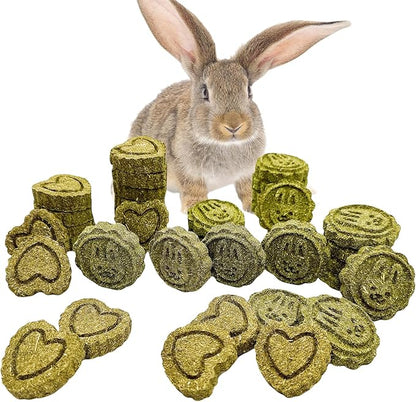 Hamiledyi 36PCS Bunny Chew Toys for Teeth Grinding Natural Timothy Hay Grass Cakes for Rabbits Guinea Pigs Chinchillas Gerbils Hamsters Improves Dental Health