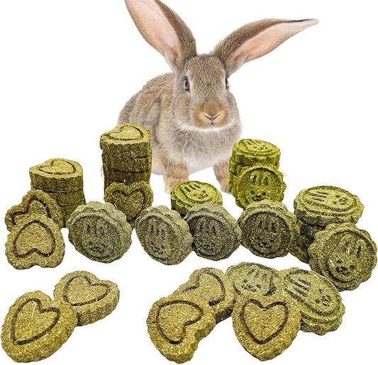 Hamiledyi 36PCS Bunny Chew Toys for Teeth Grinding Natural Timothy Hay Grass Cakes for Rabbits Guinea Pigs Chinchillas Gerbils Hamsters Improves Dental Health
