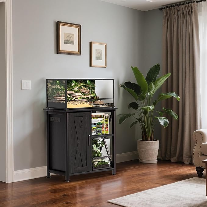 Herture 45-67 Gallon Reptile Tank Stand with Power Outlet, Terrarium Stand with Storage Cabinet, 24" Wx18 D Tabletop, Reptile Terrarium, Black PG12XYB