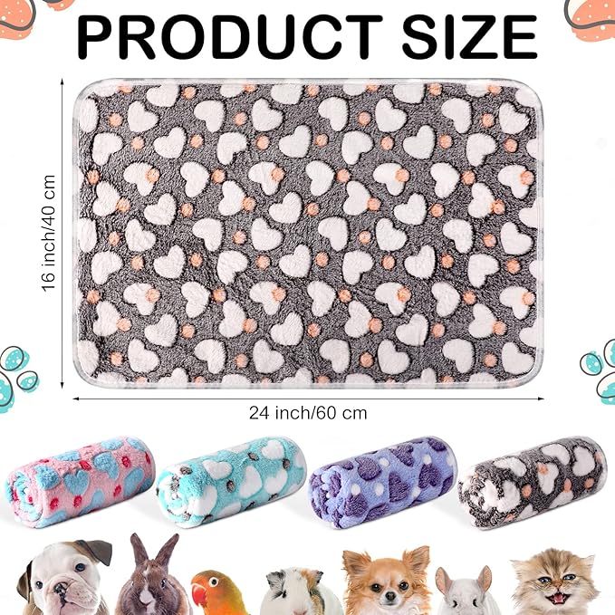 Reginary 4 Pcs Waterproof Guinea Pig Blankets Washable Small Animal Fleece Bedding Guinea Pig Cage Liners Reusable Training Pads Pet Pee Pad Sleep Mat for Hamster(Heart Pattern,24 x 16 Inch)