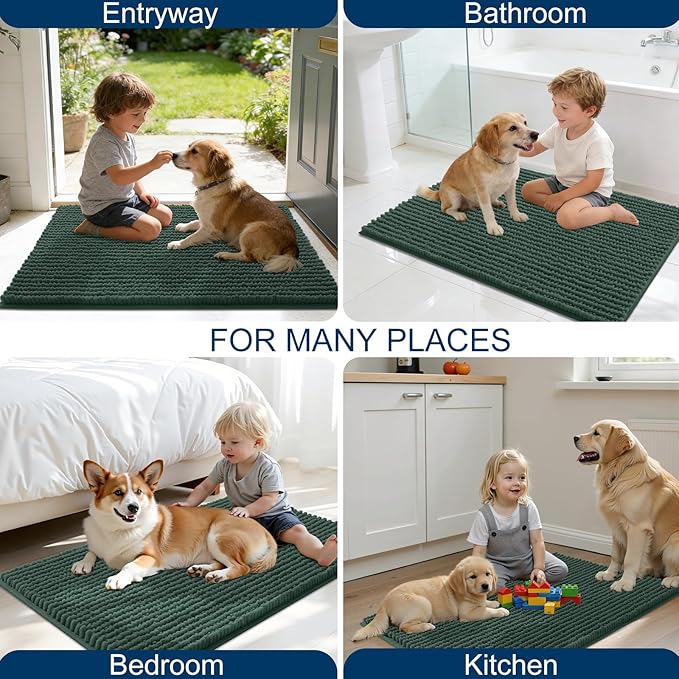 OLANLY Dog Door Mat for Muddy Paws 59x20, Ultra Absorbent Chenille Mud Doormat, Non-Slip Washable and Dirt Trapping Doormat for Indoor Entryway, Quick-Dry Indoor Pet Bed Mats for Dogs, Blackish Green
