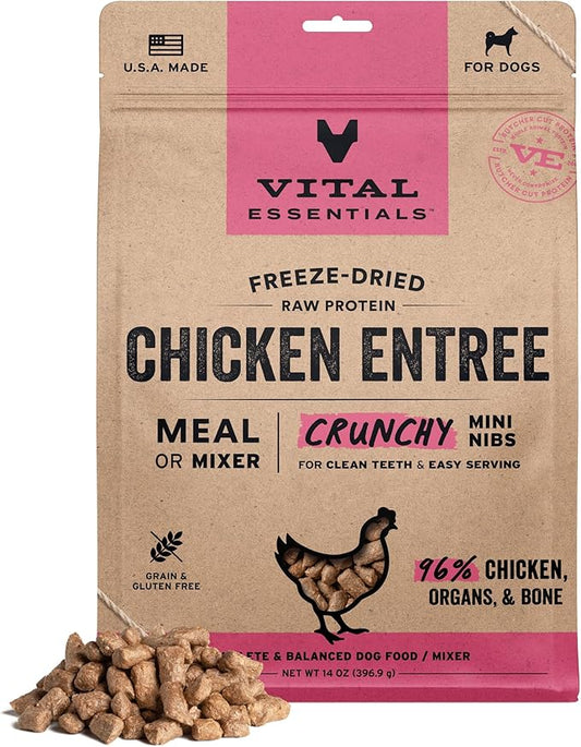 Vital Essentials Freeze-Dried Raw Chicken Crunchy Mini Nibs | Complete Meal or Mixer Dog Food | 14 oz