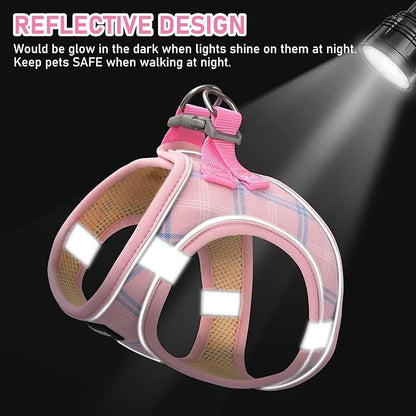 GAMUDA Small Dog Harness Collar and Leash Set, Step in No Chock No Pull Soft Mesh Adjustable Dog Vest Harnesses Plaid Reflective for Dogs Puppy Cats Kitten Rabbit (Pink, XXXS)
