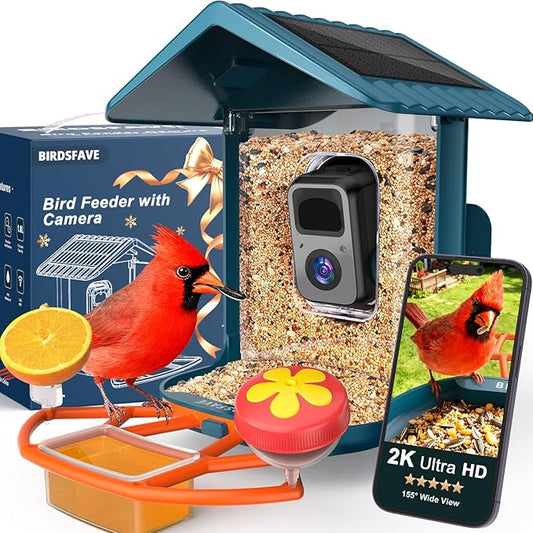 BIRDSFAVE-Bird Feeder with Camera Solar Powered, 2K Clear Live/Video/Photo Auto Arrival Alerts AI Identify Smart Cameras Birds Feeders with 32GB Card DIY Add-ons, 2.4G WiFi Wireless Birdwatching Gift