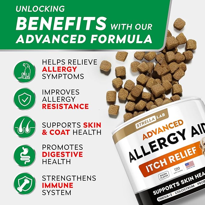 StrellaLab Dog Allergy Relief & Anti Itch Support Chews w/Omega 3: Real Ingredients, Real Taste! Skin & Coat Immune Supplement w/Fish Oil, Pumpkin & Enzymes — Developed by Experts - Made in USA -120Ct