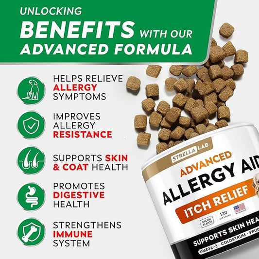 StrellaLab Dog Allergy Relief & Anti Itch Support Chews w/Omega 3: Real Ingredients, Real Taste! Skin & Coat Immune Supplement w/Fish Oil, Pumpkin & Enzymes — Developed by Experts - Made in USA -120Ct