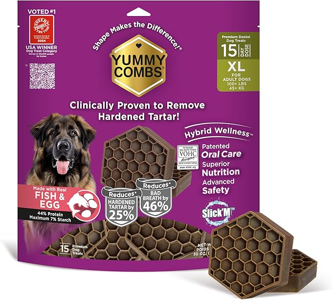 Yummy Combs Dog Dental Treats – Fish & Egg Protein – Vet VOHC Approved, Removes Tartar – A Daily Teeth Cleaning Treat for Extra Large Dogs (15 Count)