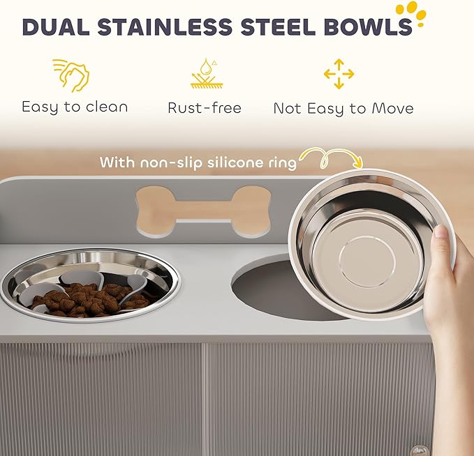 PawHut Elevated Dog Bowls with Storage, Raised Dog Bowl Stand with 2 Stainless Steel Food Dishes and Slow Feeder, Pet Feeding Station for Large Breeds, Gray