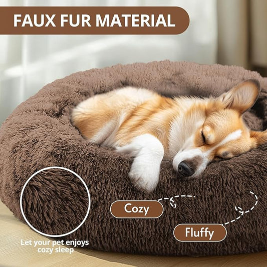 JOLLYVOGUE Small Dog & Cat Beds for Indoor Cats, Donut Cuddler Warming Soft Dog Beds with Anti-Slip Bottom, Round Calming Fluffy Plush Faux Fur Cushion Bed for Medium Dogs (27", Coffee)
