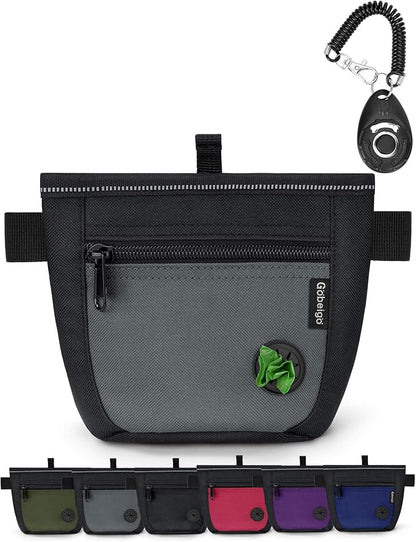 Gobeigo Dog Treat Pouch and Training Clicker, Upgrade Two Magnetic Closure to Prevent Spills, 2 Cup Treat Bag with Poop Bag Dispenser, Metal Clip Waist Belt Fanny Pack for Pet Walk (Black/Gray)