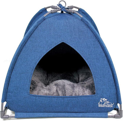 Winsterch Cat Bed Cave for Indoor Cats,Small Pet Tent Cave for Cats Kitten Small Dogs,Warming Cat House with Removable Washable Cushion (18.5'' x 18.5'' x 15.8'',Blue)