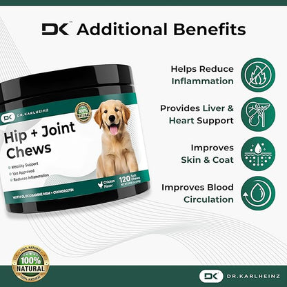 Glucosamine for Dogs - Max Strength Hip and Joint Supplement for Dogs - MSM, Chondroitin, Hemp Oil, Turmeric - Mobility Support and Pain Relief - 120 Chewable Tablets (Chicken Flavor)