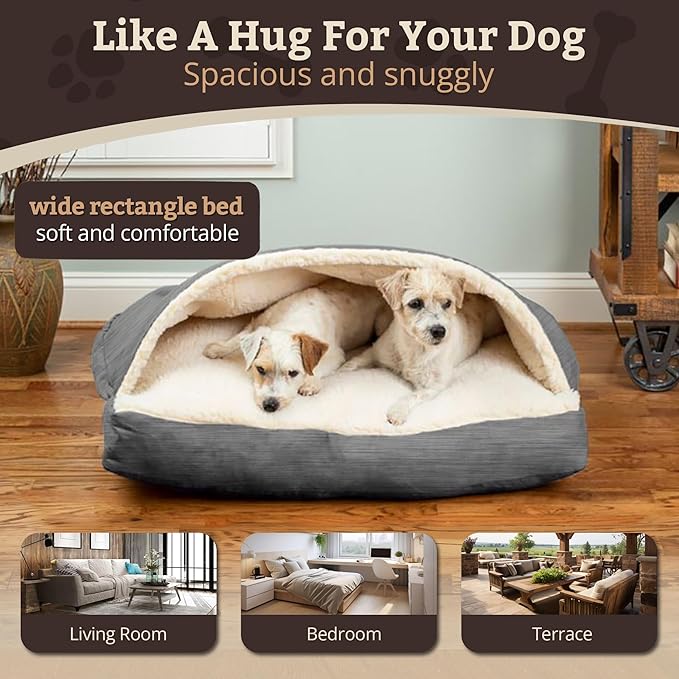 Snoozer Rectangle Cozy Cave Dog Bed - Indoor Dog Bed with Cover Cave, Covered Calming Burrow for Medium & Large Sized Pets with Blanket Attached, Enclosed, Washable Cover - Large, Heather Gray