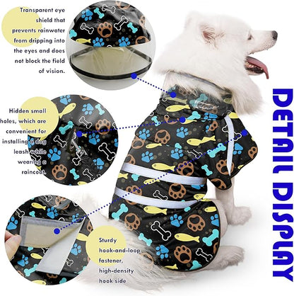 Dog Raincoat, Adjustable Rain Jacket with Hooded Double Layer for Large Medium Small Dogs Puppies, Lightweight Waterproof Rain Coat Poncho with Reflective Stripe Paw Print Black,XL