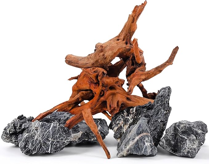 FISCAPE Aquarium Rocks & Driftwood Decor Kit, 2-8 Inches Natural Seiryu Stone 4 PCS for Aquascaping, 6-10 Inches Natural Driftwood 2 PCS for Fish Tank Decoration, Reptile and Amphibian Enclosures