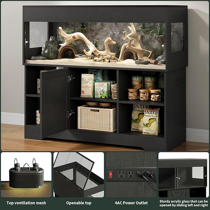 Herture 60 Gallon Reptile Tank with Stand, Terrarium Tank with Storage Cabinet, for Lizards, Skinks, Snakes, Sliding Acrylic Doors, Mesh Top, Built-in Power Outlet Black PX02RTB