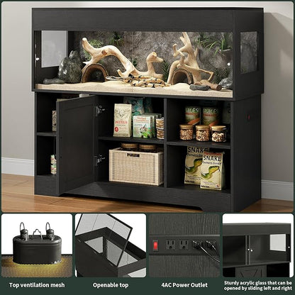 Herture 60 Gallon Reptile Tank with Stand, Terrarium Tank with Storage Cabinet, for Lizards, Skinks, Snakes, Sliding Acrylic Doors, Mesh Top, Built-in Power Outlet Black PX02RTB